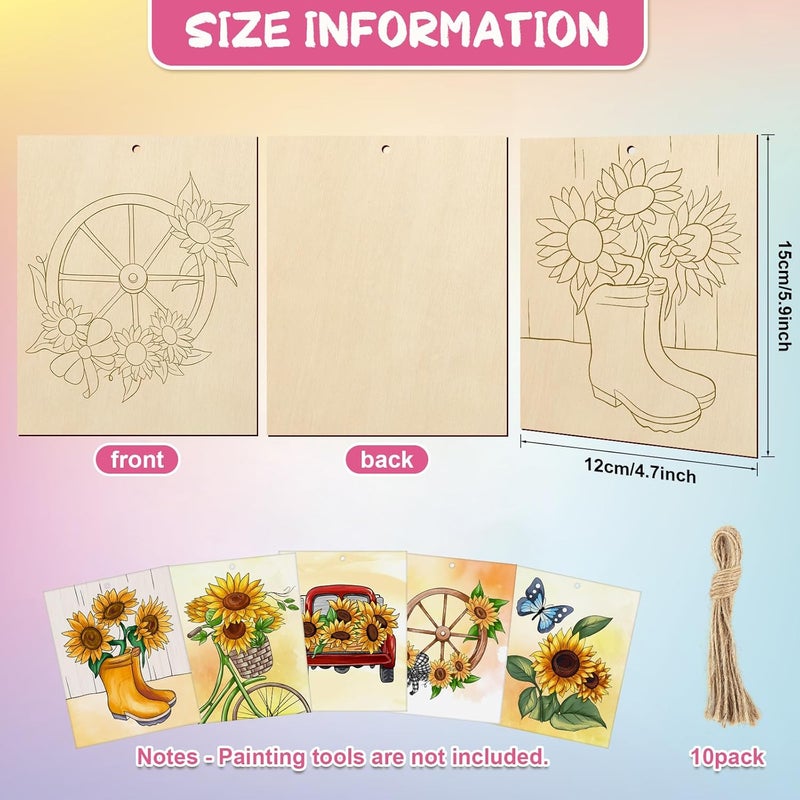 COCHIE 10 Pieces Large Sunflowers Unfinished Wood Crafts to Paint for Adults, Bulk Predrilled Wooden Ornaments for Painting, Summer Sunflower Paintable Wood Slices Craft Supplies with Ropes - Image 2